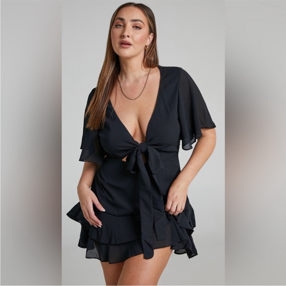 Showpo Ezilita tie front mini dress in black